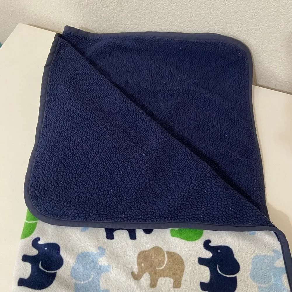 Carter’s Elephant Baby Blanket 30x40 Green Blue Tan Navy White Plush Sherpa